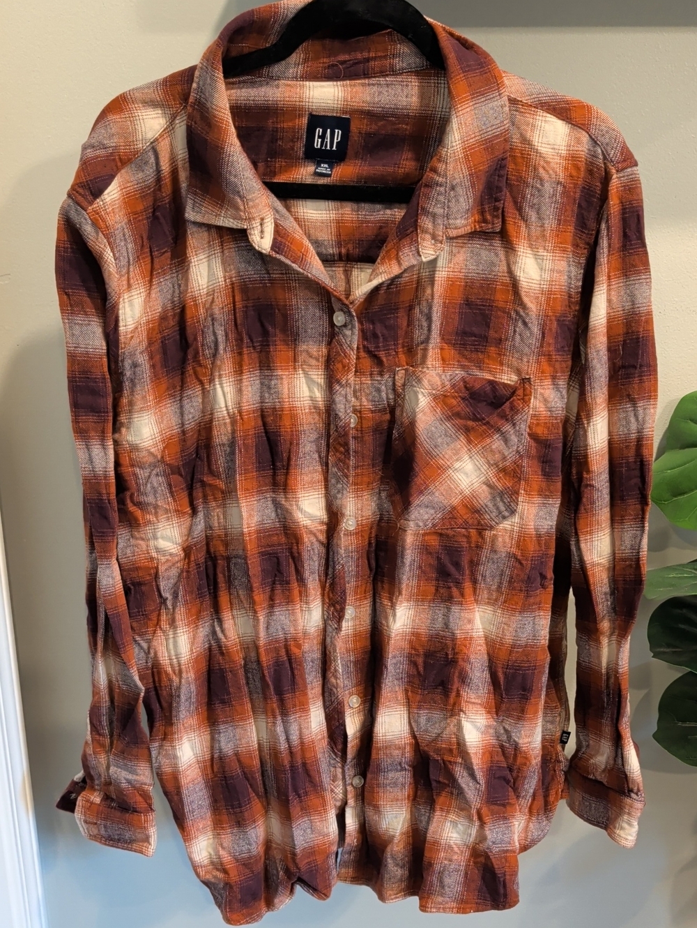 GAP Women's Orange and Brown Plaid Button-Down Shirt